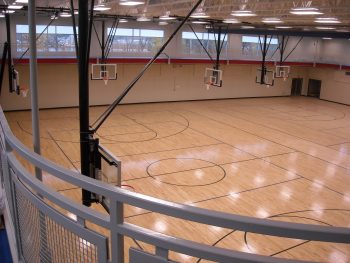 Langendorf gymnasium, featuring roughly 12 partial basketball courts, or 2 full-size courts