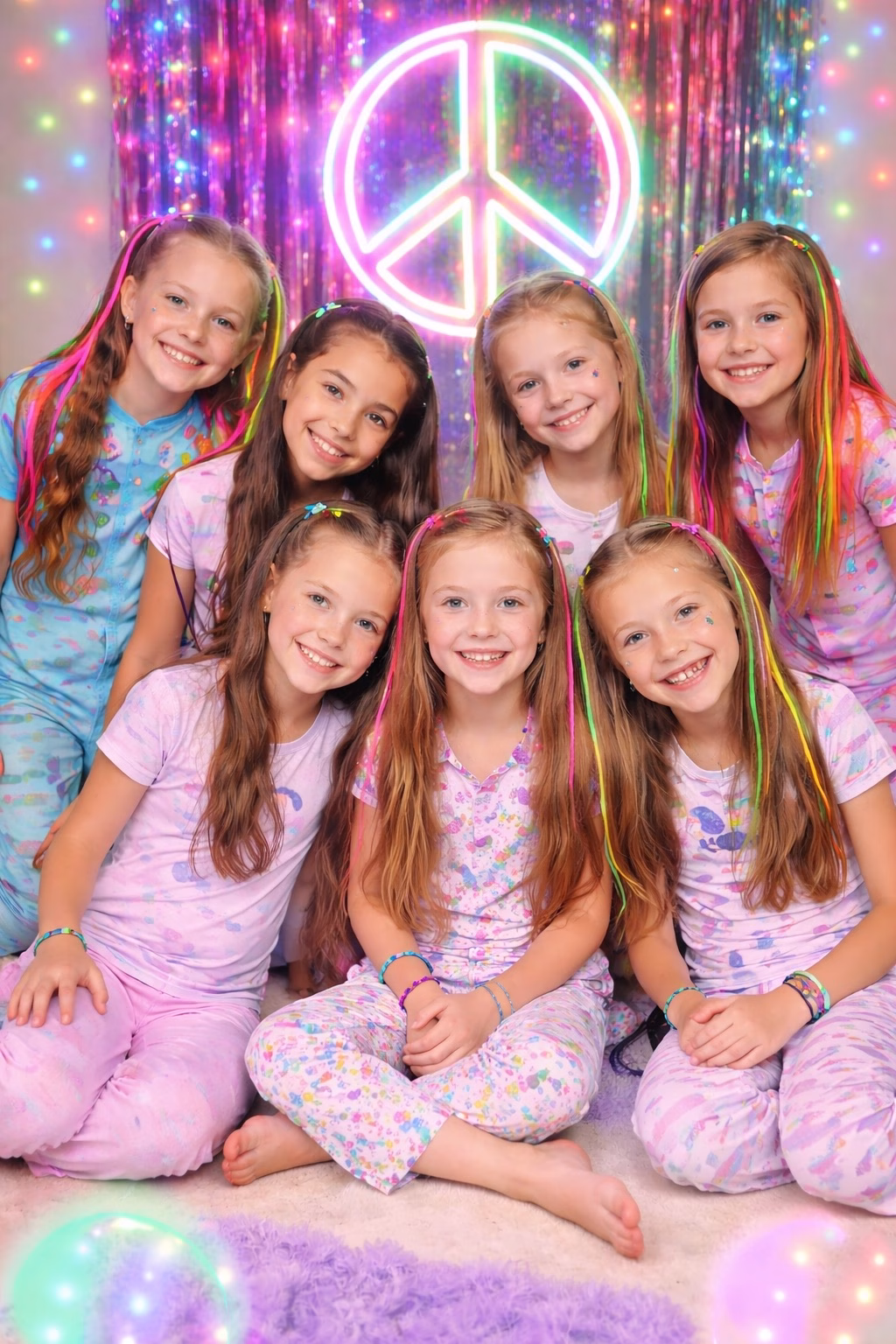 Seven smiling girls wearing colorful pajamas and neon hair extensions pose together in front of a sparkly backdrop with a glowing peace sign.