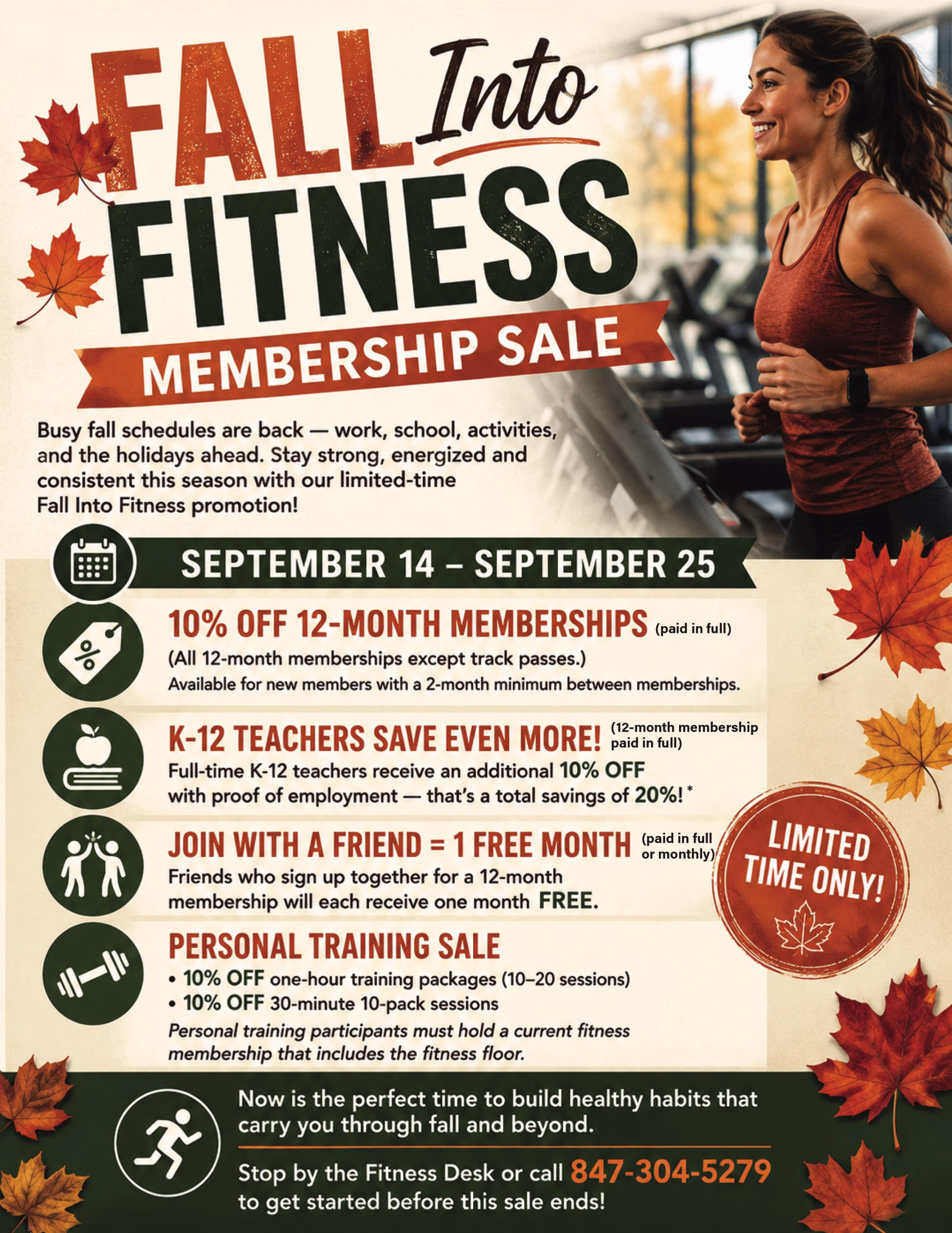 A flier for Fall into Fitness Membership Sale